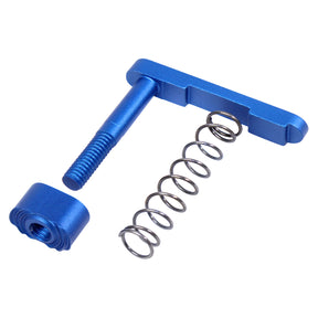 AR-15 mag catch assembly with anodized blue extended button, 6061 aluminum and steel construction