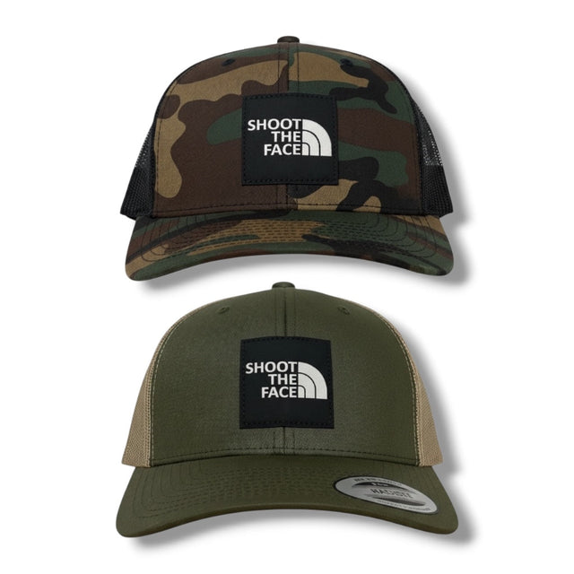 Shoot The Face Patch Trucker Hat in Woodland / Black & White Patch
