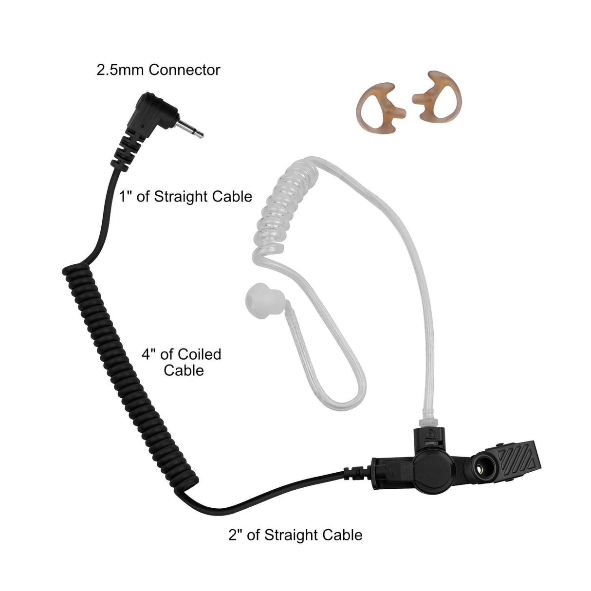 Auricular táctico de tubo acústico solo para escuchar de 2.5 mm - Harris, M/A Com, Otto, Tait - Se conecta a micrófono de altavoz