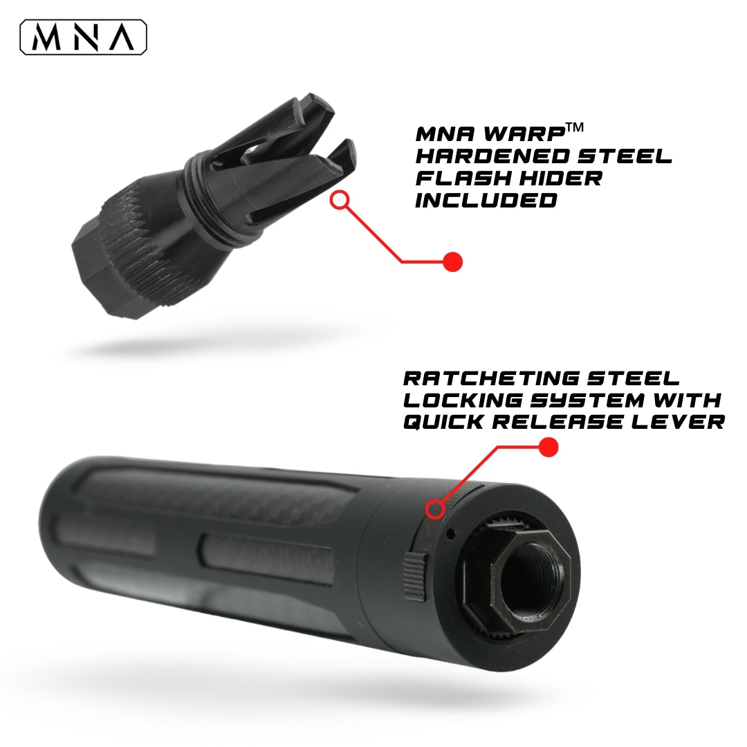 MNA Illusion™ Carbon Fiber & Aluminum QD Airsoft Suppressor, Twill Carbon Fiber, Pro-Baffle, alternate view 4