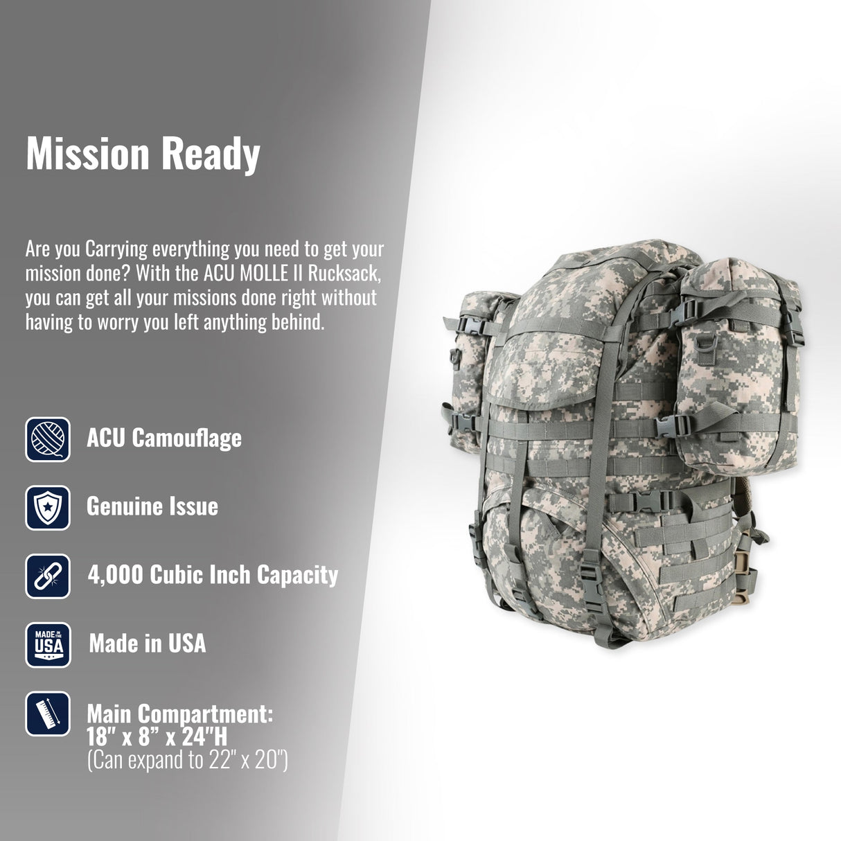 Mochila grande ACU MOLLE II con bolsas de sostenimiento