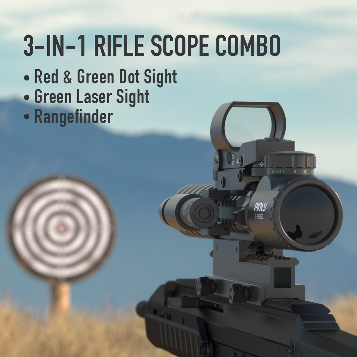 Pinty Nova 3-in-1 3-9x32 SFP Rifle Scope Combo, Green Laser in Red, alternate view 2