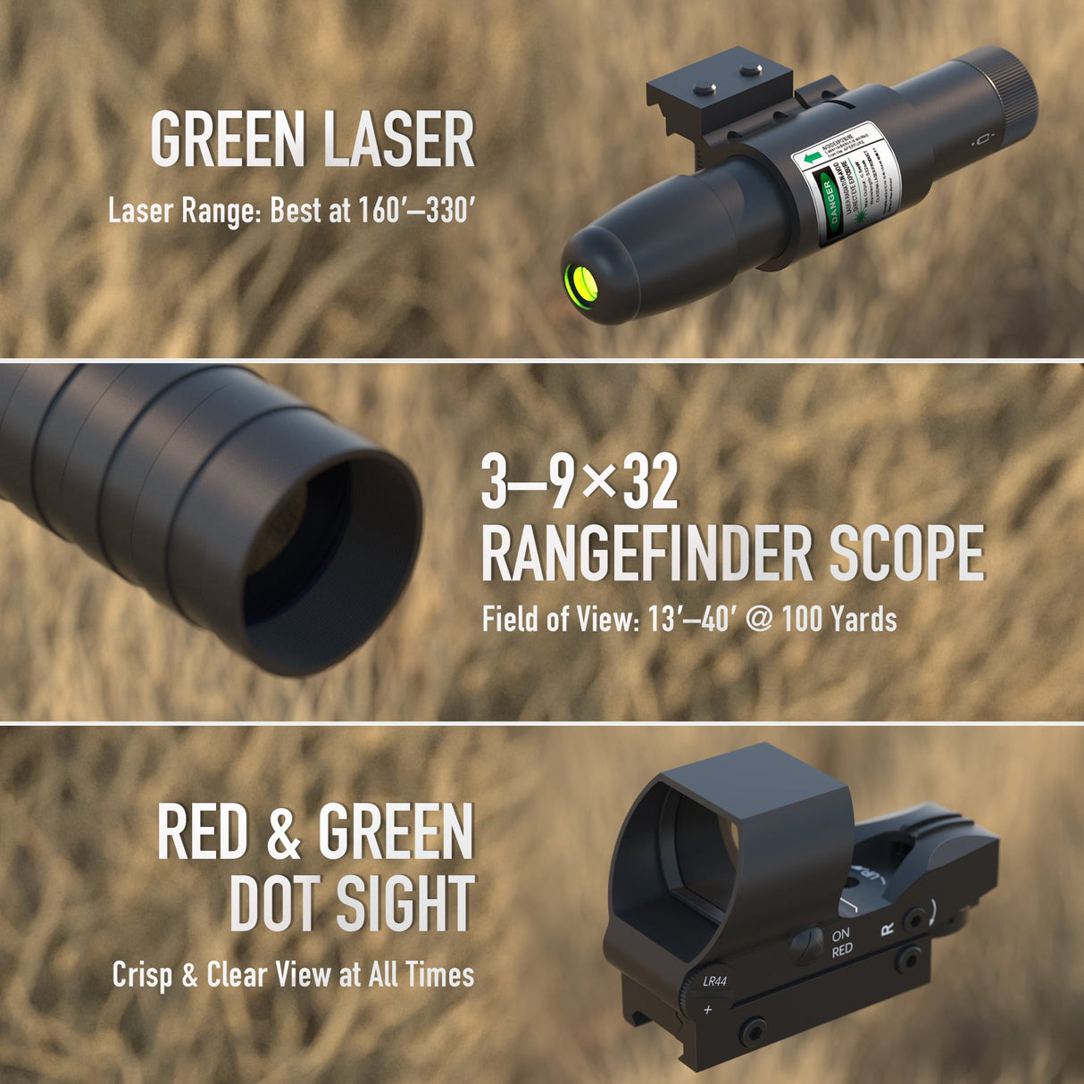 Pinty Nova 3-in-1 3-9x32 SFP Rifle Scope Combo, Green Laser in Red, alternate view 3