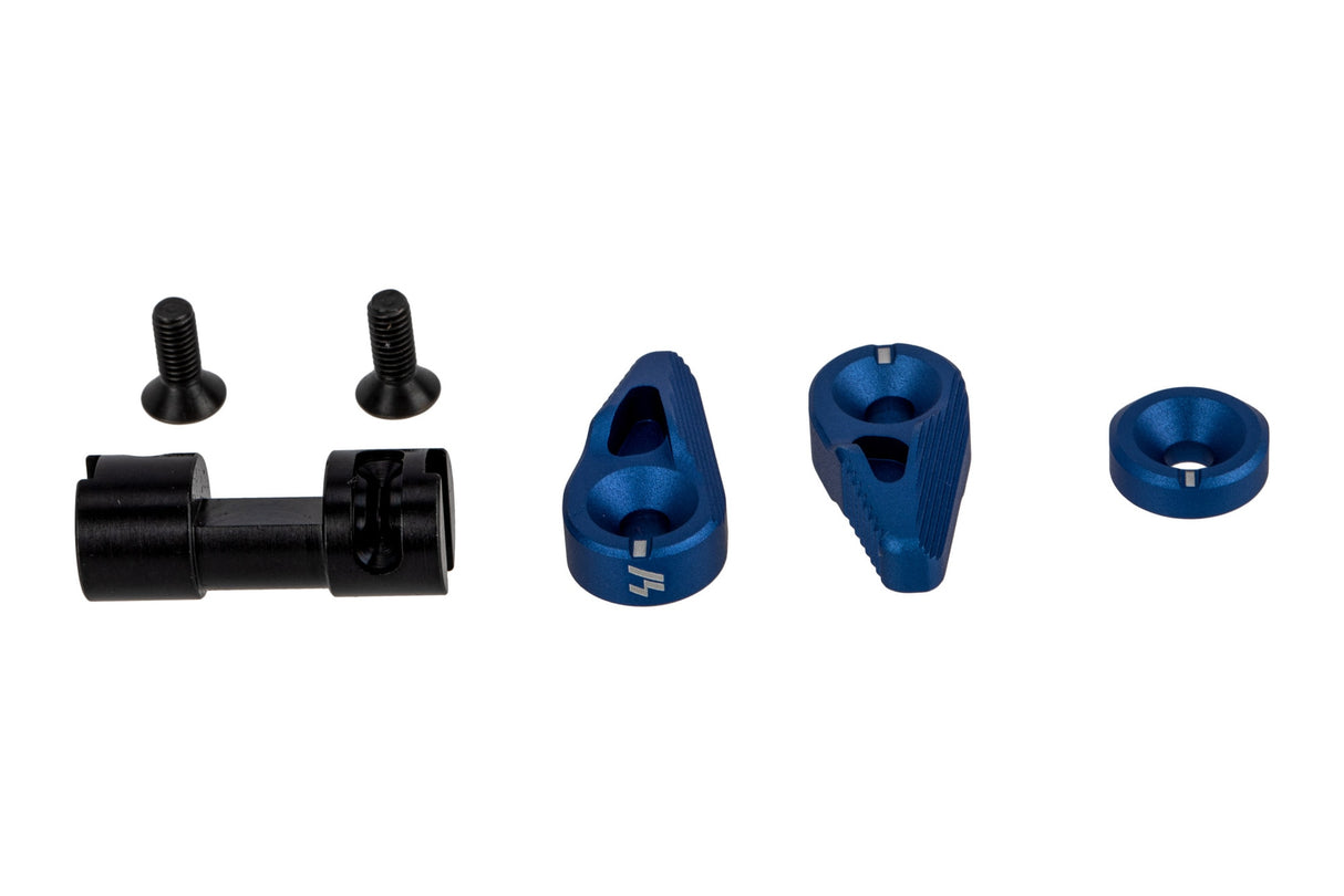 Strike Industries Flip Switch Safety Selector – blue anodized lever for AR-15 and AR-308 rifles, low profile short throw option