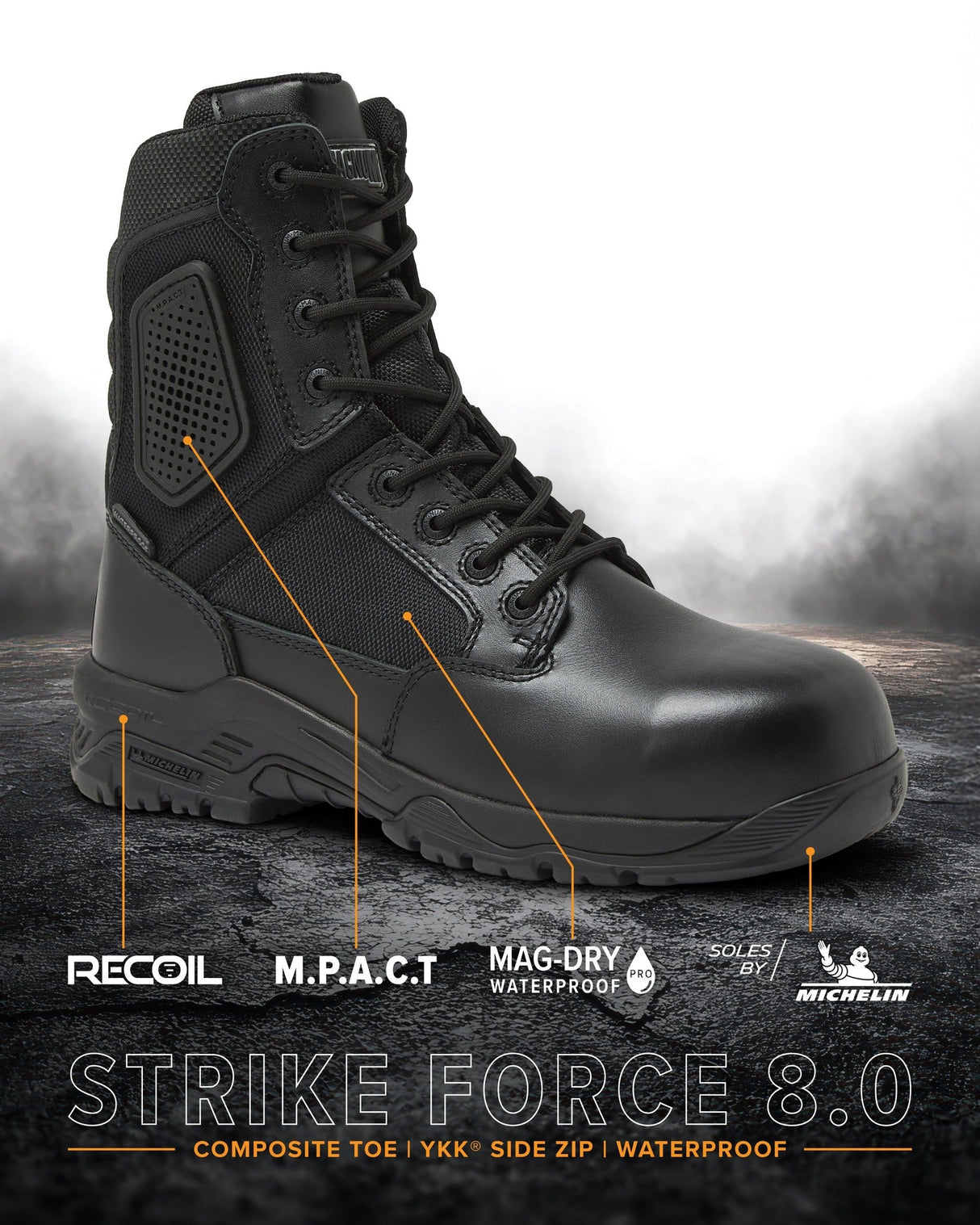 Magnum Strike Force 8 Inch Waterproof Composite Toe Side-Zip Boot in Black, alternate view 10