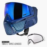 Blue paintball mask with blue and clear lenses on a white background