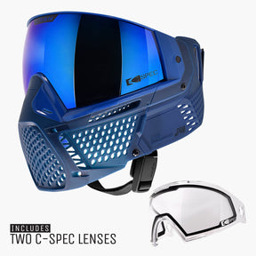 Blue paintball mask with blue and clear lenses on a white background