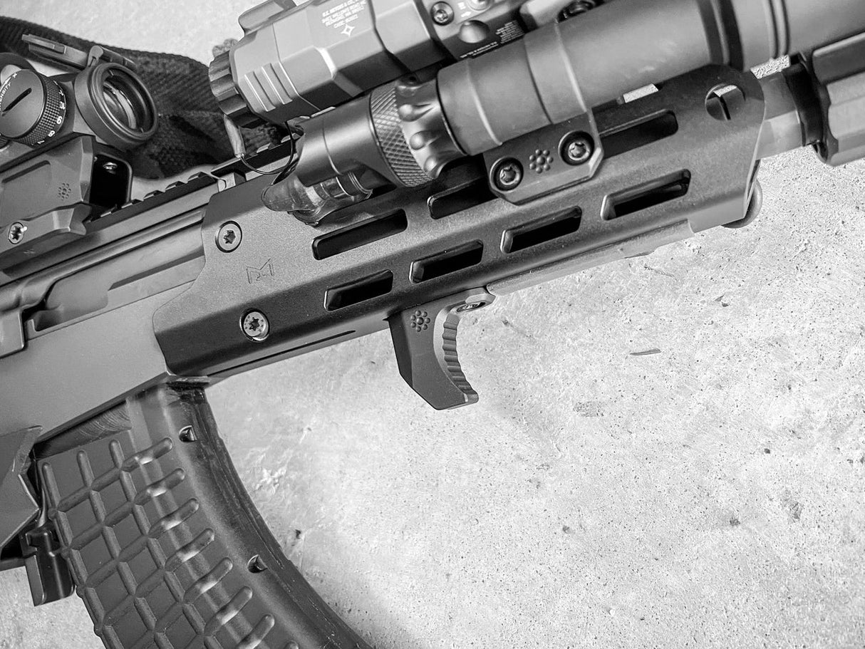 Black Arisaka Hand Stop M-Lok mounted beneath an M-Lok handguard