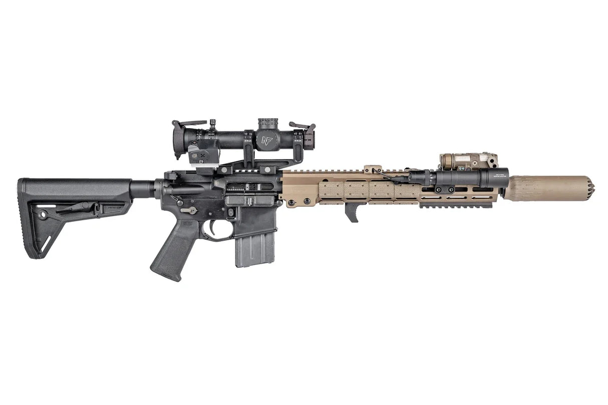 Arisaka Hand Stop M-Lok in black installed on a tan M-Lok handguard
