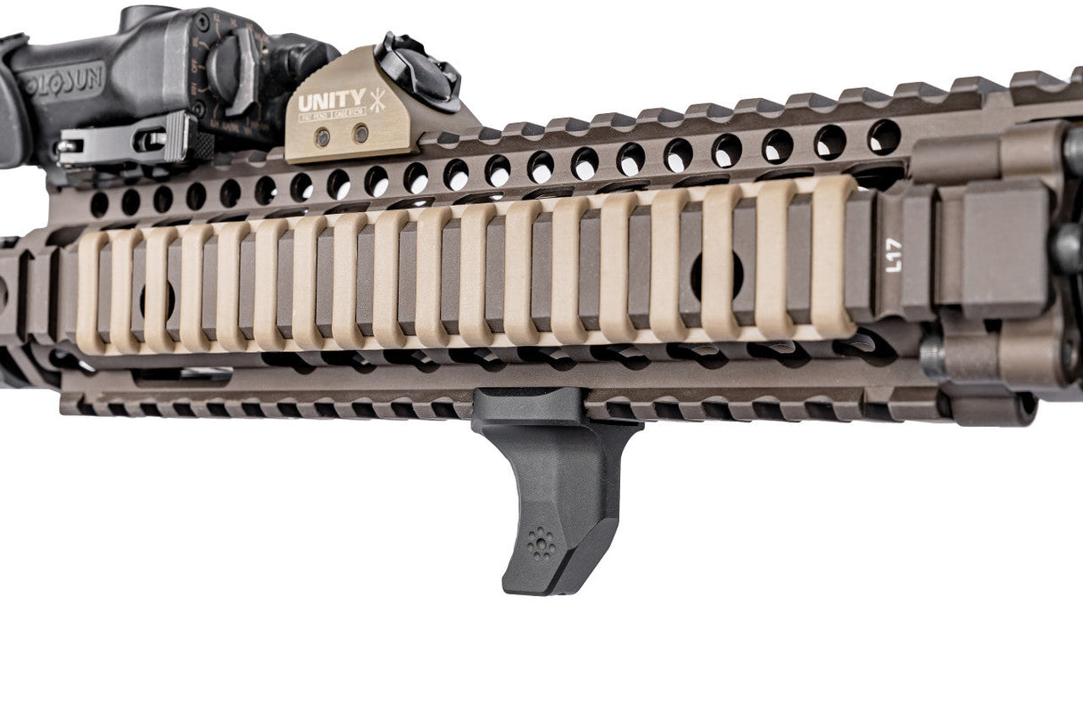 Arisaka Hand Stop Picatinny in black installed on a Picatinny handguard, front view