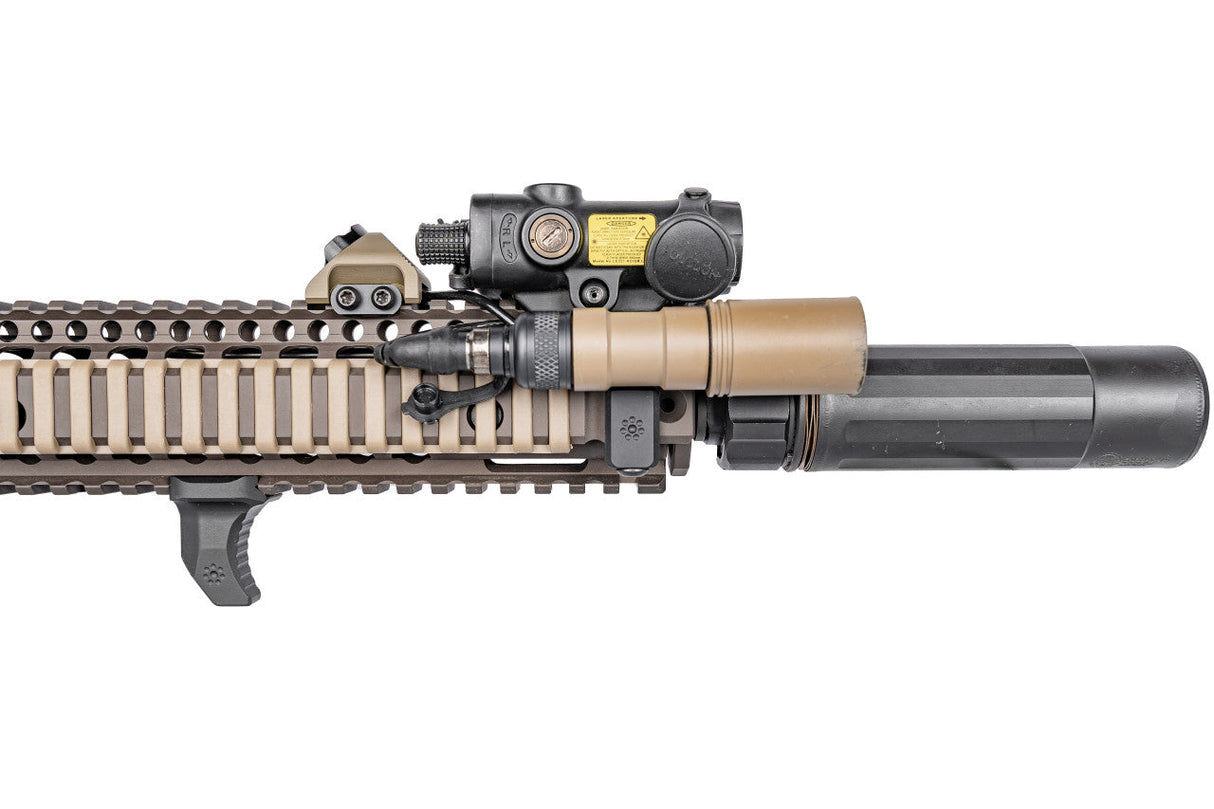 Arisaka Hand Stop Picatinny in black installed on a Picatinny handguard, upper side view