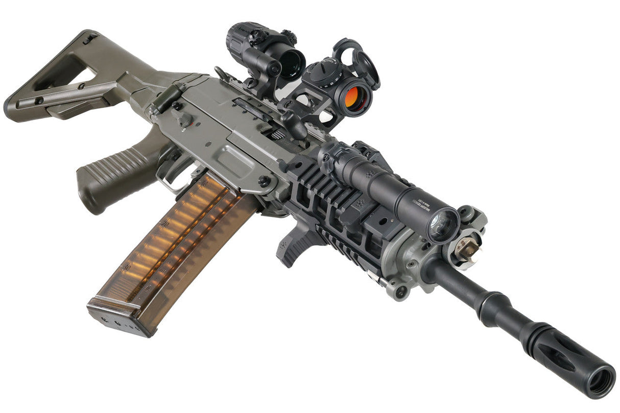 Arisaka Hand Stop Picatinny in black installed on an SG553-style rifle, angled view