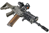 Arisaka Hand Stop Picatinny in black installed on an SG553-style rifle, angled view