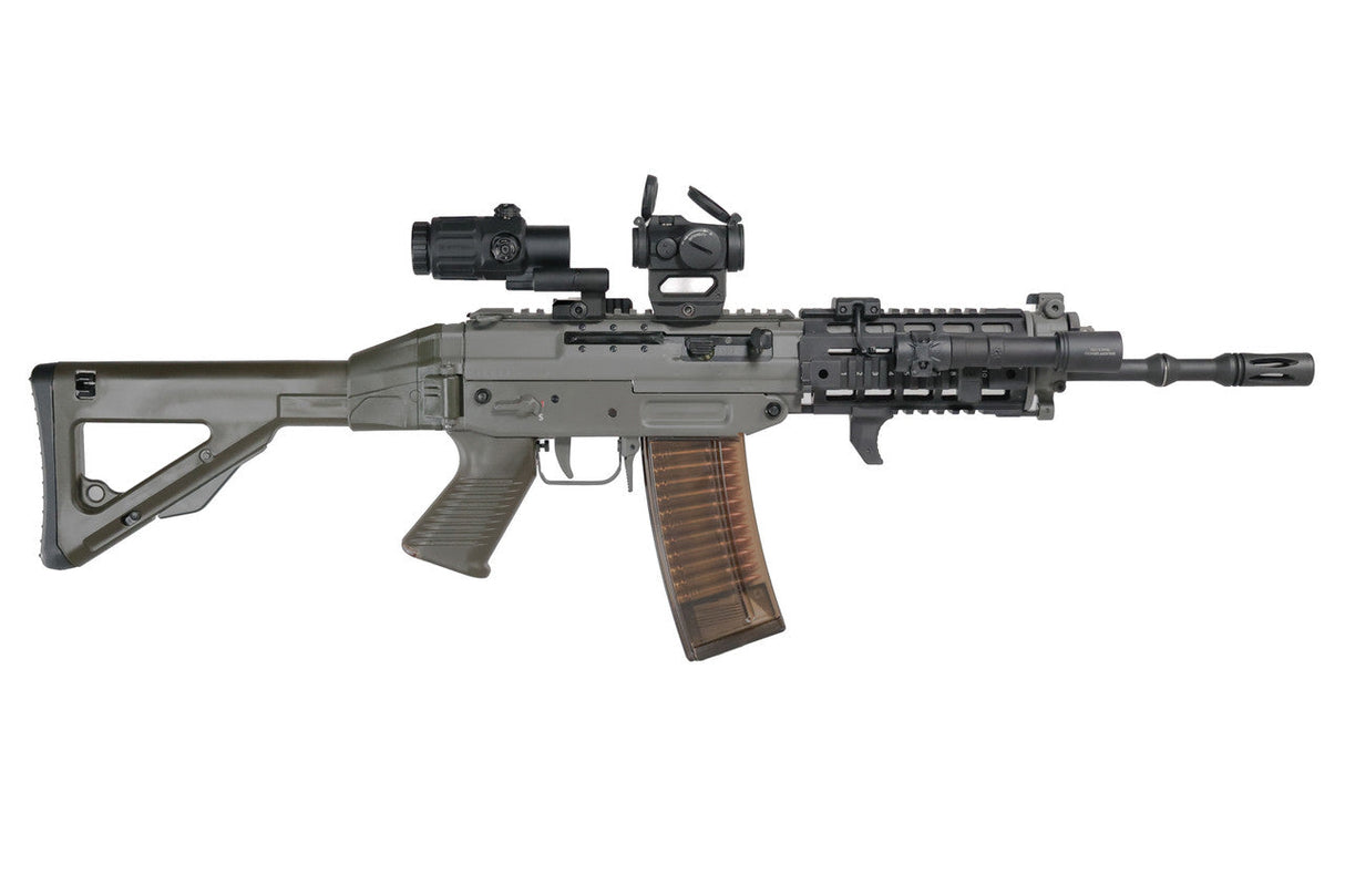 Arisaka Hand Stop Picatinny in black installed on an SG553-style rifle, side view