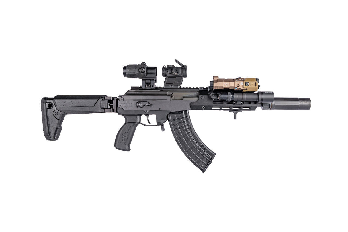 Arisaka Indexer M-Lok in black installed on a complete rifle