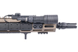 Black Arisaka Indexer M-Lok mounted beneath a Flat Dark Earth handguard