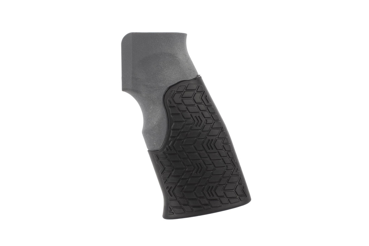 Side view of Daniel Defense AR-15 pistol grip in Tornado Grey showing textured rubber overmolding