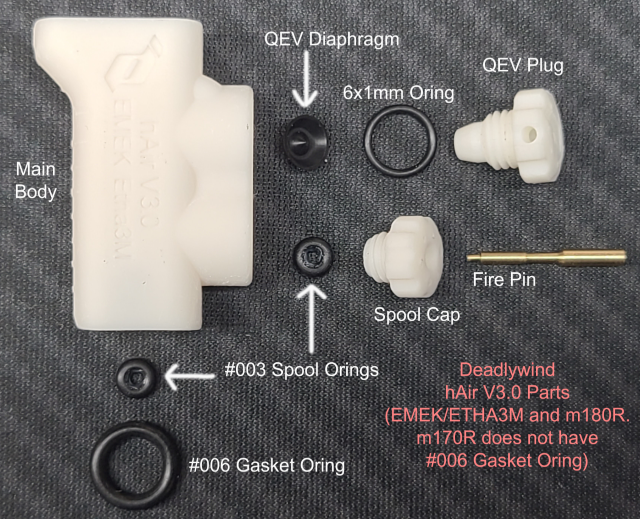 Deadlywind hAir V3 trigger valve parts diagram for EMEK, Etha3M, m170R and m180R