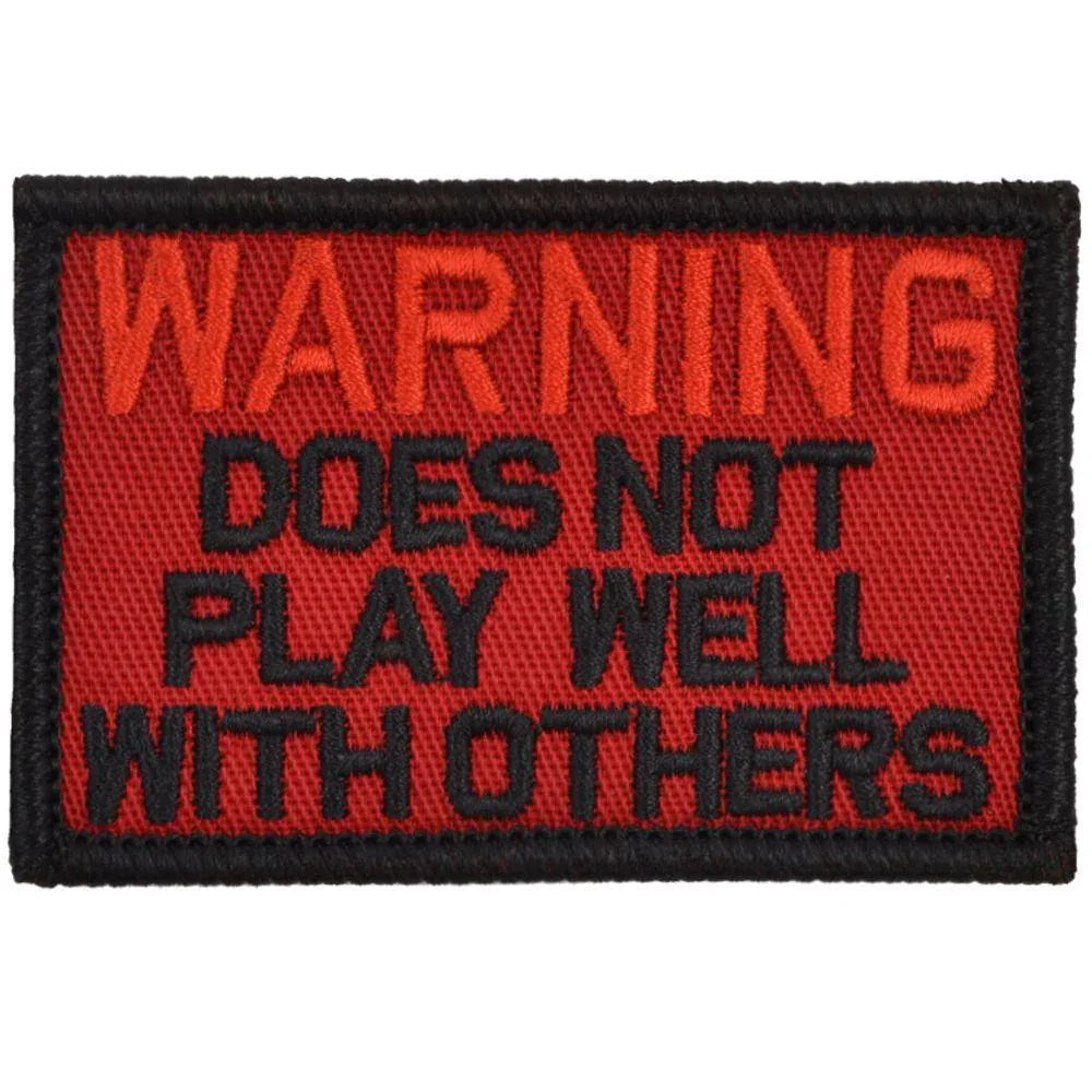 WARNING: Does Not Play Well With Others - 2x3 Patch in Red w/ Yellow, alternate view 5