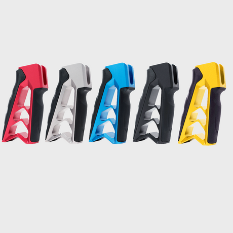 Tyrant CNC MOD Grip V2 color lineup in black, grey, gold, red and blue