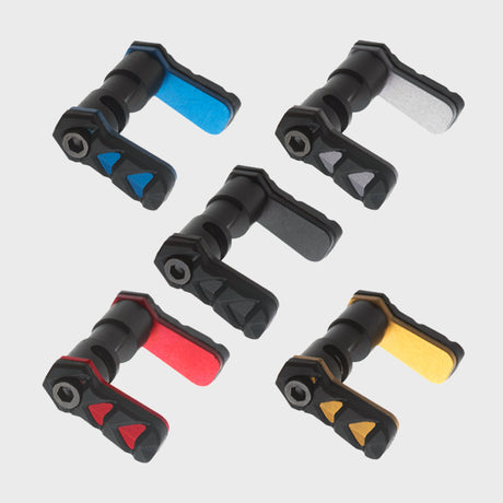 Close-up of Tyrant CNC NexGen safety selector levers with rubber overmold