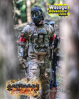 Nightmare PB walking with EMF200 marker at Sentient Reboot event, wearing tactical vest and mask at Wasaga Adventure Park.