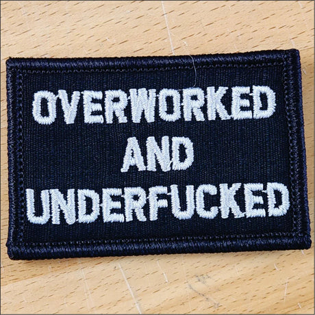As Seen on Socials - Overworked and Underfucked - 2x3 Patch in Black w/Red, alternate view 2