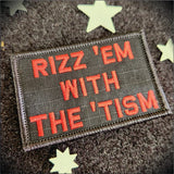 Rizz 'Em With The 'Tism Playful Unique Gen Z Style Embroidered Patch - 2x3 inches in Olive Drab, alternate view 3