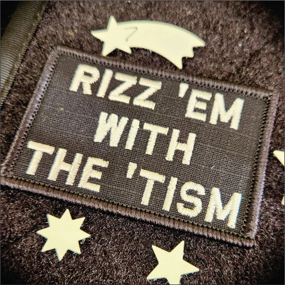 Rizz 'Em With The 'Tism Playful Unique Gen Z Style Embroidered Patch - 2x3 inches in Black w/Red, alternate view 2