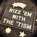 Rizz 'Em With The 'Tism Playful Unique Gen Z Style Embroidered Patch - 2x3 inches in Black w/Red, alternate view 2