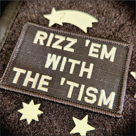 Rizz 'Em With The 'Tism Playful Unique Gen Z Style Embroidered Patch - 2x3 inches in Black w/Red, alternate view 2