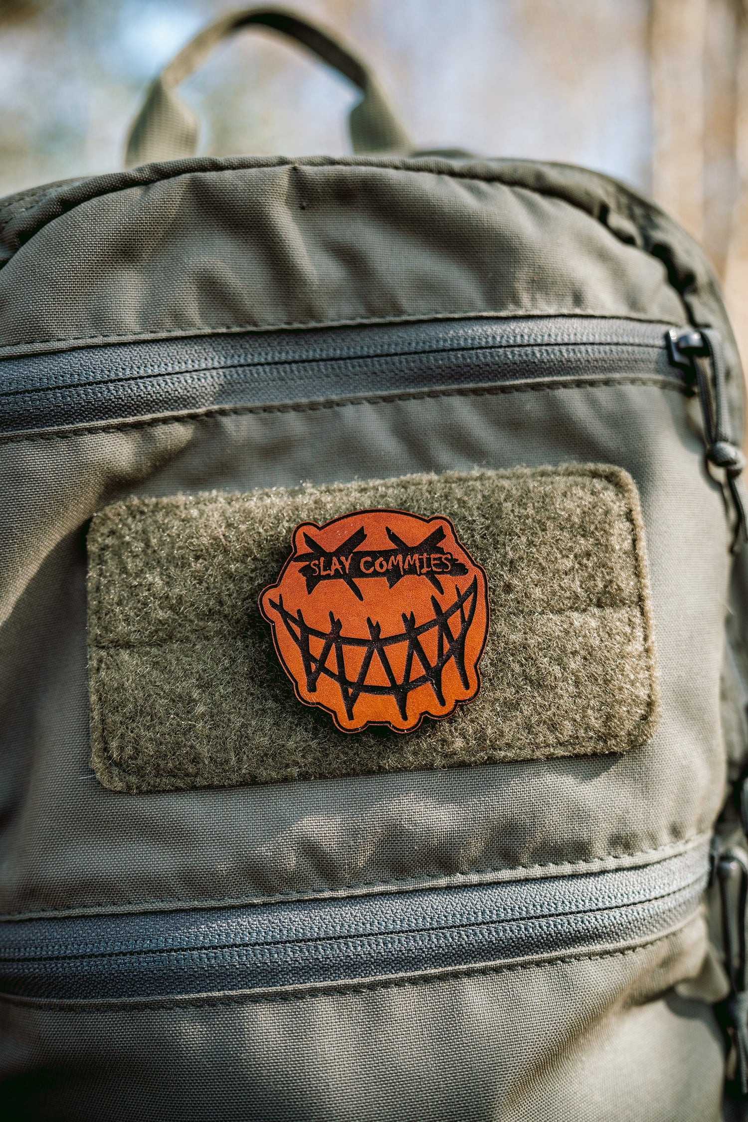 Slay Commies Censored No Sew Leather Patch in Walnut, alternate view 3