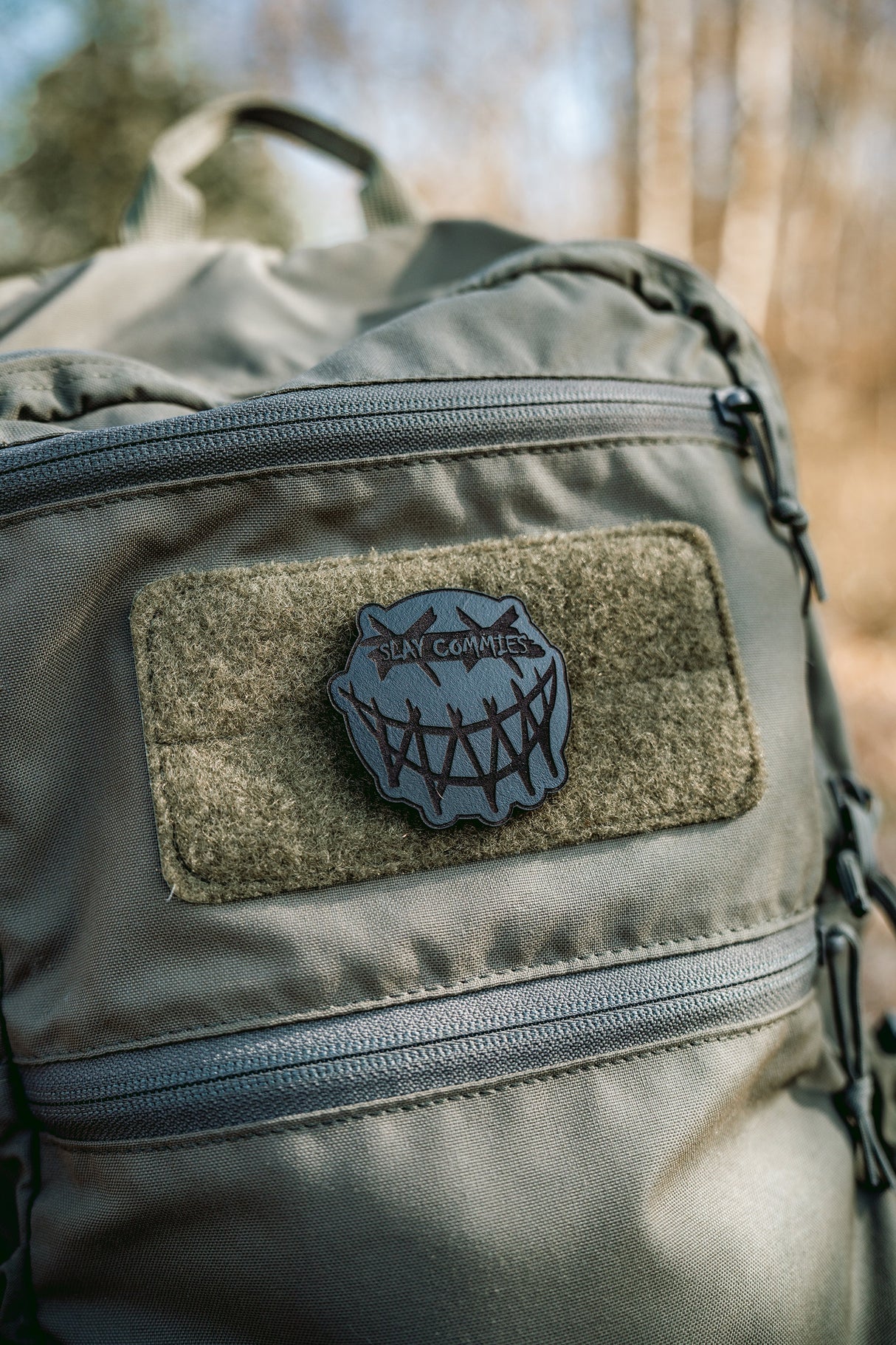 Slay Commies Censored No Sew Leather Patch in Light Brown, alternate view 2