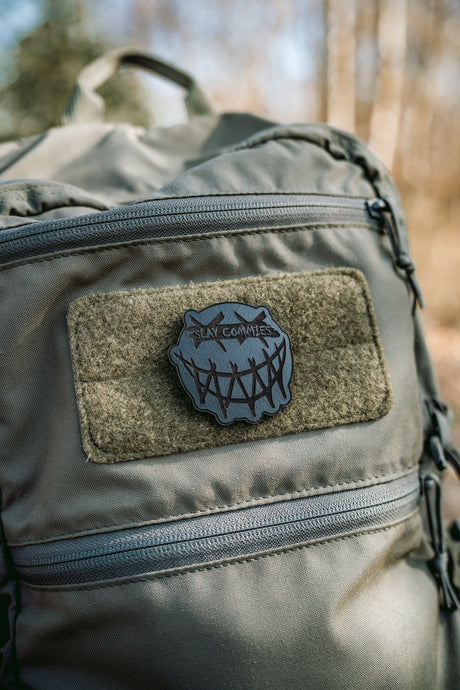 Slay Commies Censored No Sew Leather Patch in Light Brown, alternate view 2