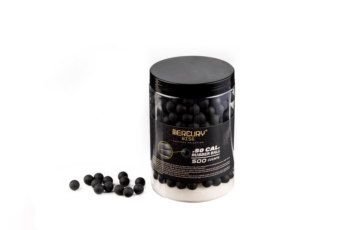 Mercury Rise .50 caliber TPE rubber balls beside the 500-count jar