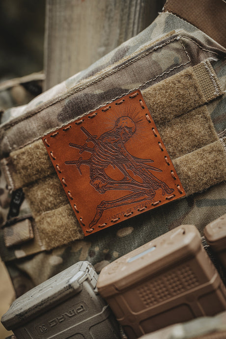 Martyr of Betrayal Leather Patch in Light Brown Dye / Black Thread, alternate view 2