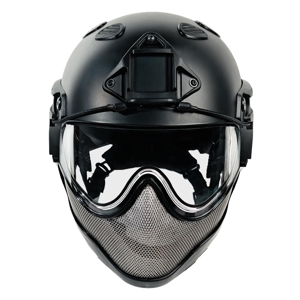 WARQ Gen 2 helmet front view with 210-degree visor and steel mesh mandible