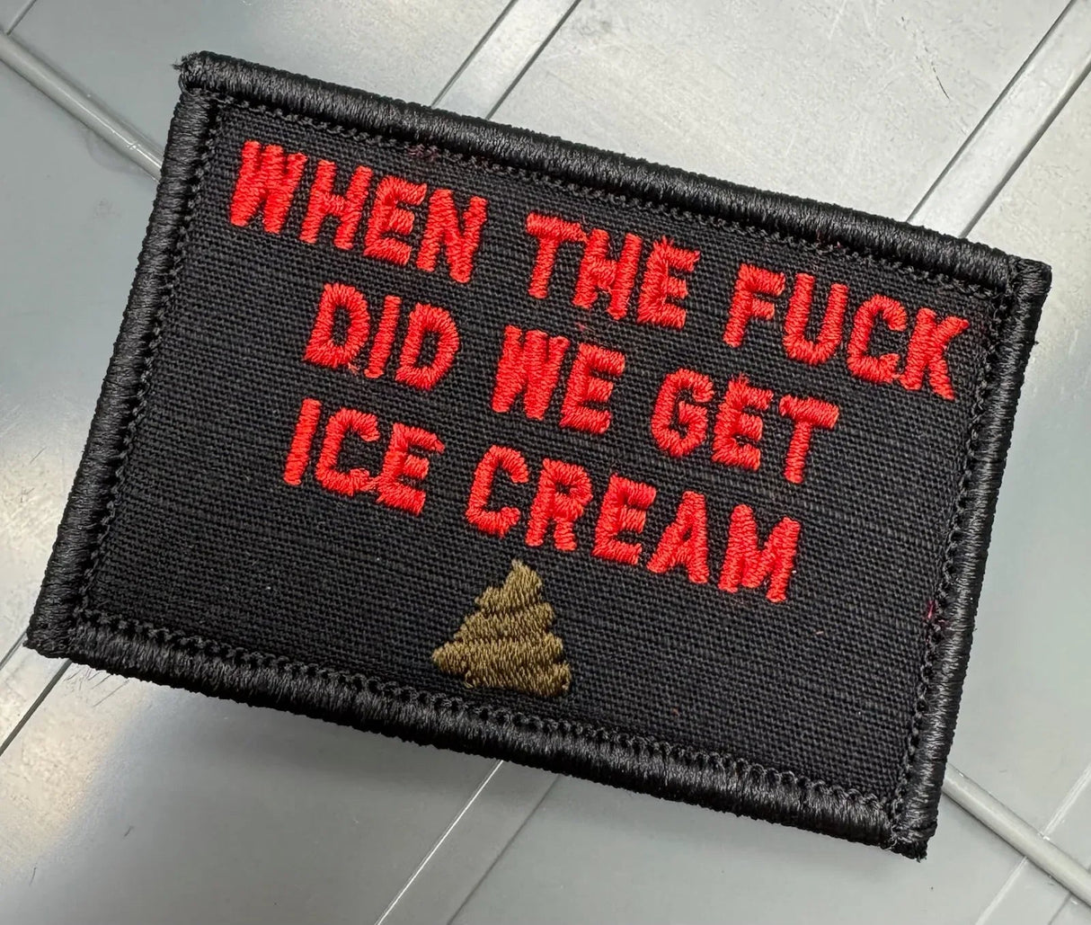 As Seen on Socials - When The Fuck Did We Get Ice Cream - 2x3 Patch - Black w/Red in Chocolate, alternate view 2