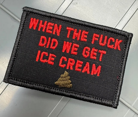 As Seen on Socials - When The Fuck Did We Get Ice Cream - 2x3 Patch - Black w/Red in Chocolate, alternate view 2