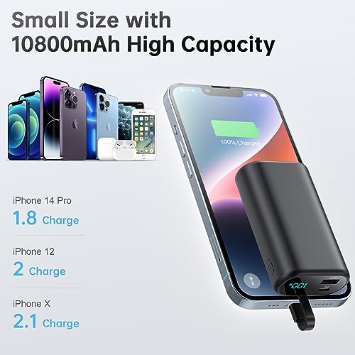 Portable Charger 10800mAh Ultra-Compact 15W PD Fast Charging Power Bank ,LCD Display Battery Pack with Built-in-Cable - HR Tactical Innovations