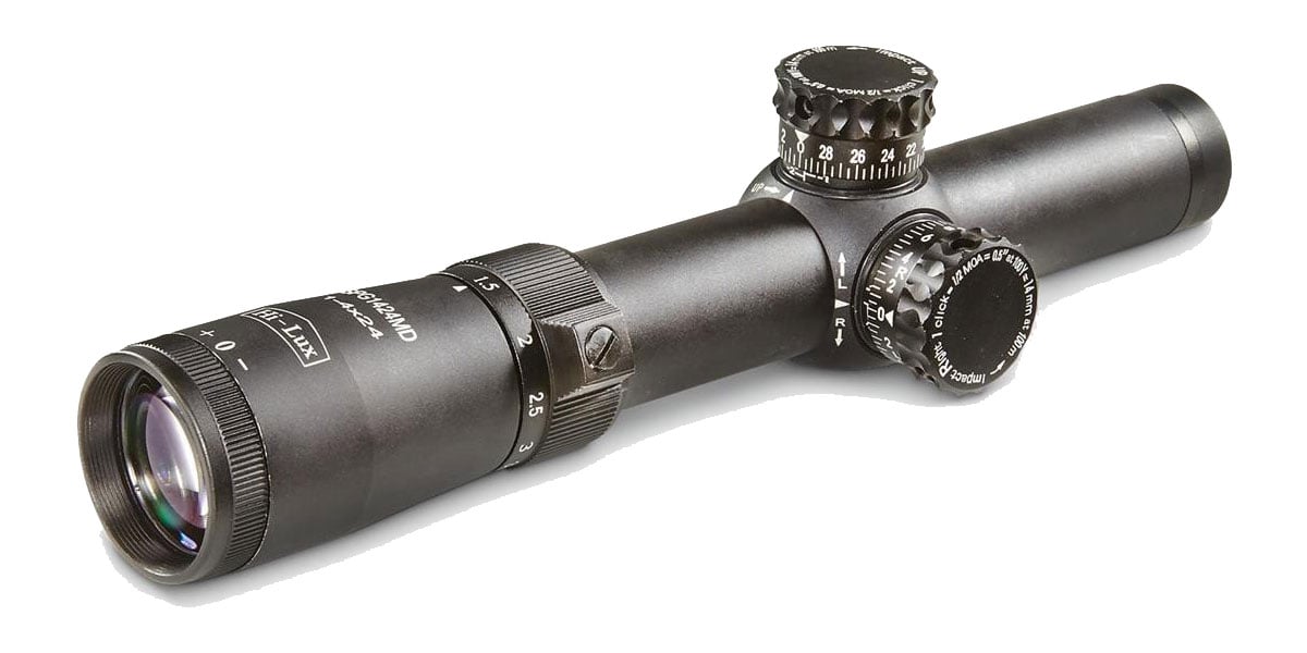 Hi-Lux Leatherwood SPG 1-4x24 MD AR LPVO Rifle Scope, Fast Focus Eye Adjustment, Waterproof, Fogproof, Shockproof, Recoilproof, Includes Throw Lever and Flip Covers - HR Tactical Innovations